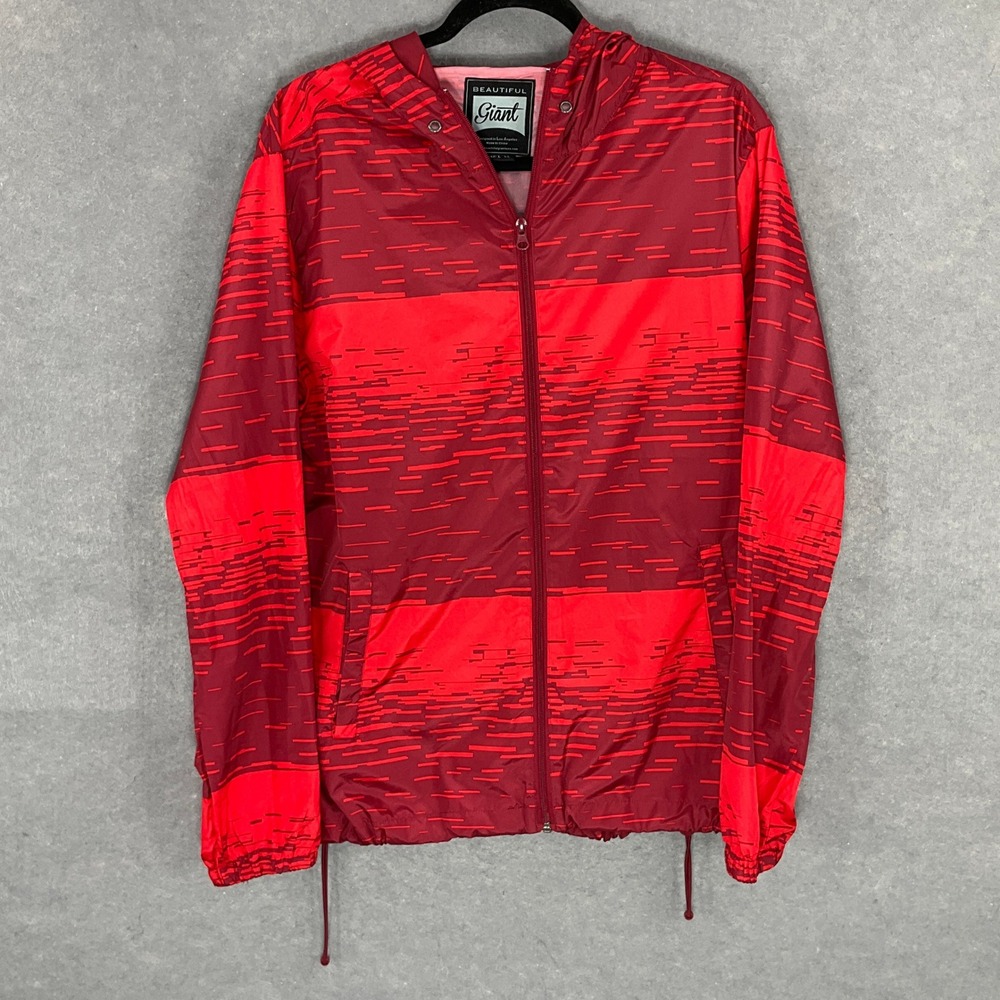 Beautiful Giant Windbreaker Jacket Lightweight Hooded Red Patterned Outdoor Sz M